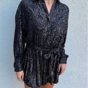 Gianni Bini Noelle Black sequin button up shirt dress with tie waist belt